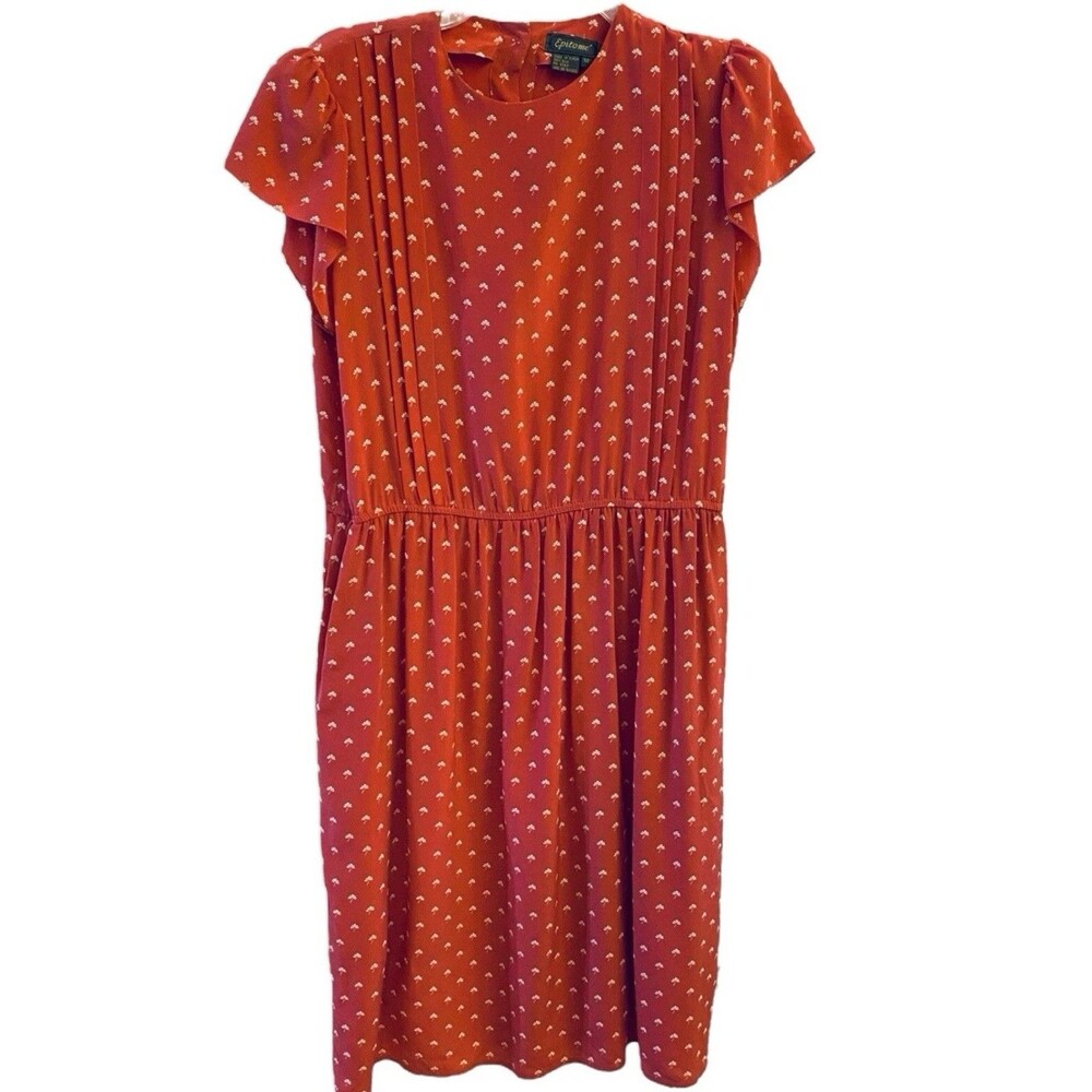 Vintage Epitome 80s Silk Dress Sz 10 Coral Pleated Midi Shoulder Pads